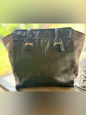 Coach Taylor Alexis Carryall Tote Black Leather Exotic Python Trim Work Bag EUC